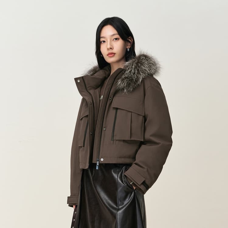 Peacebird Basic Fox Fur Collar Parka Down Jacket