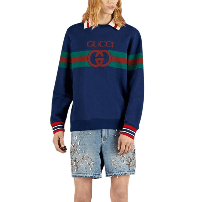 GUCCI SS23 Striped Lettering Sweatshirt Navy