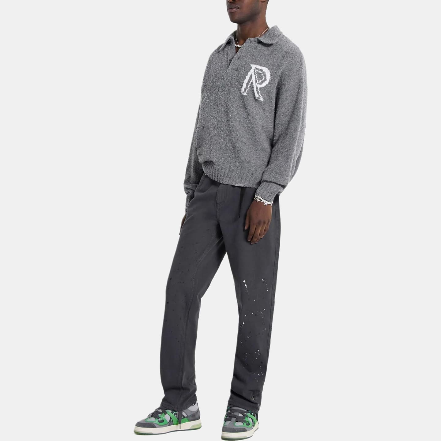 REPRESENT Letter Print Polo Sweater Gray
