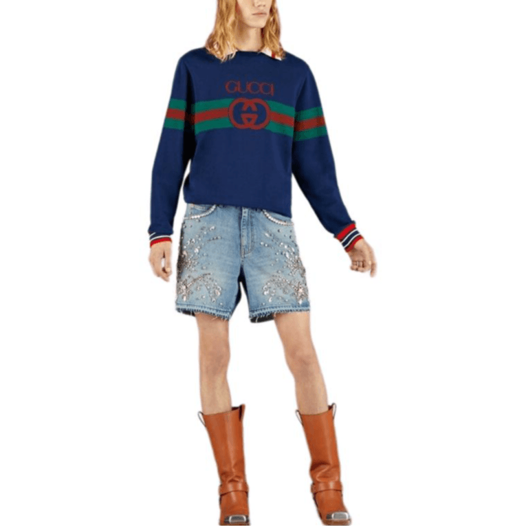 GUCCI SS23 Striped Lettering Sweatshirt Navy