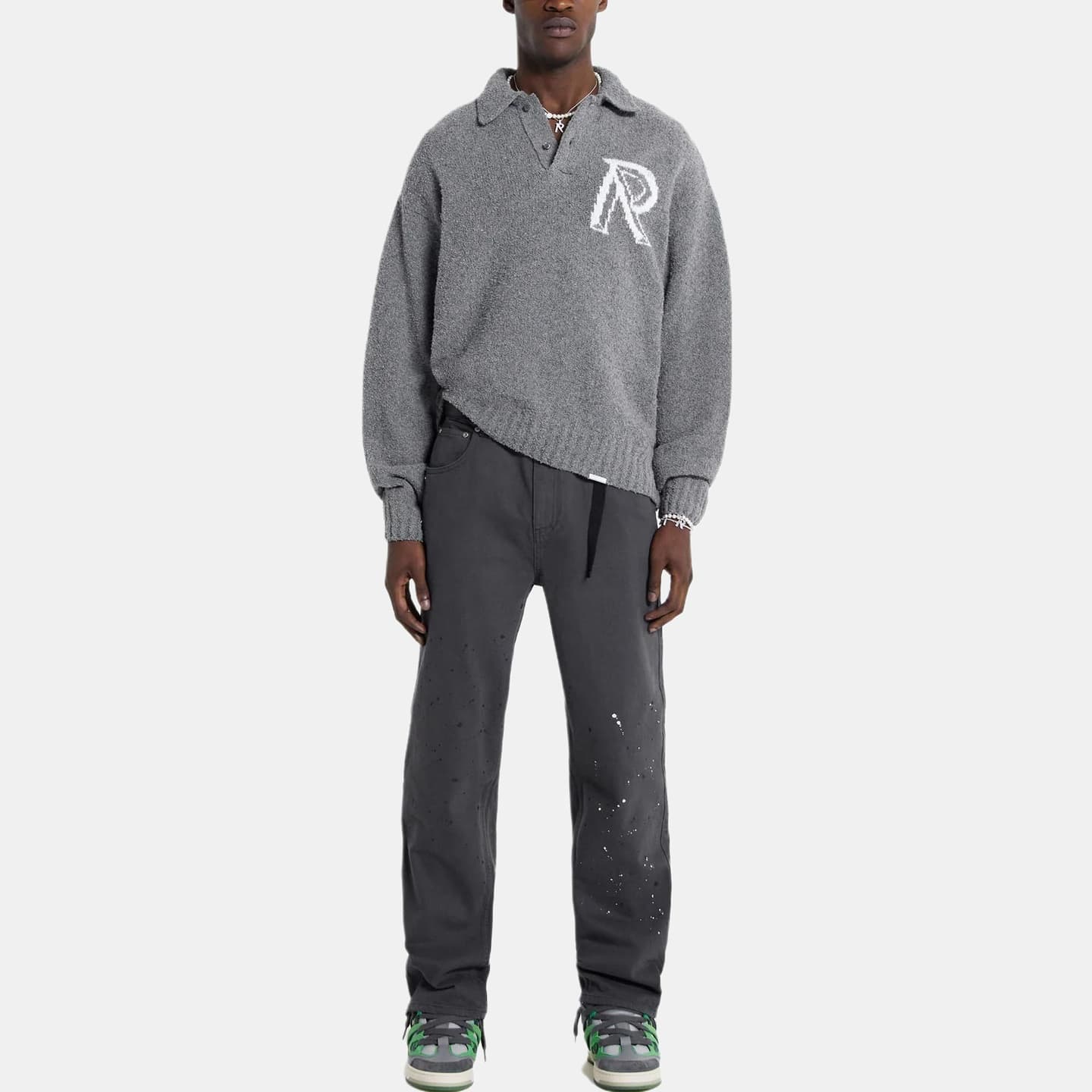 REPRESENT Letter Print Polo Sweater Gray