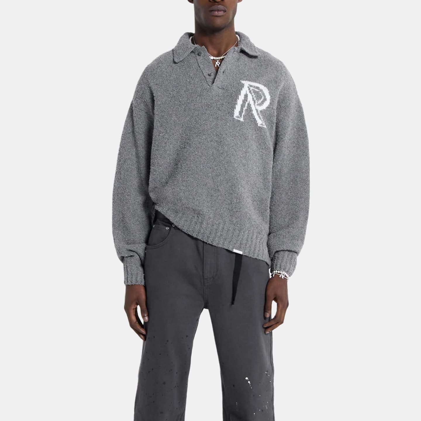 REPRESENT Letter Print Polo Sweater Gray