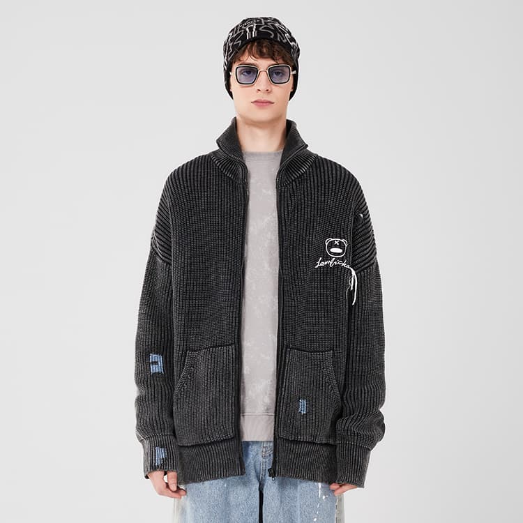 LAMLICKA High Collar Cardigan Sweater Dark Grey