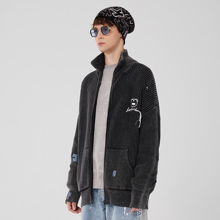LAMLICKA High Collar Cardigan Sweater Dark Grey