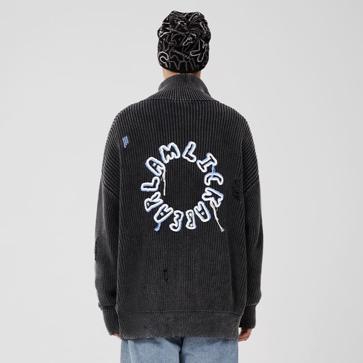 LAMLICKA High Collar Cardigan Sweater Dark Grey