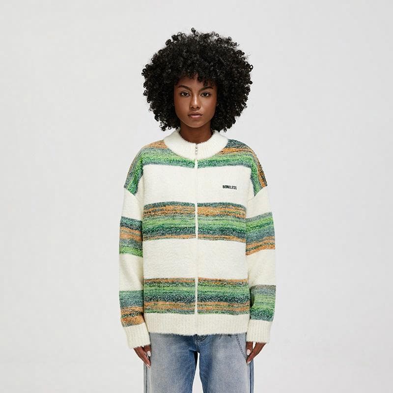 BONELESS Zip Cardigan Embroidered Loose Knit