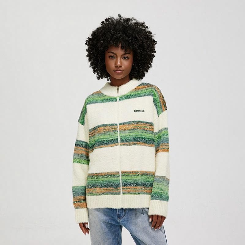 BONELESS Zip Cardigan Embroidered Loose Knit