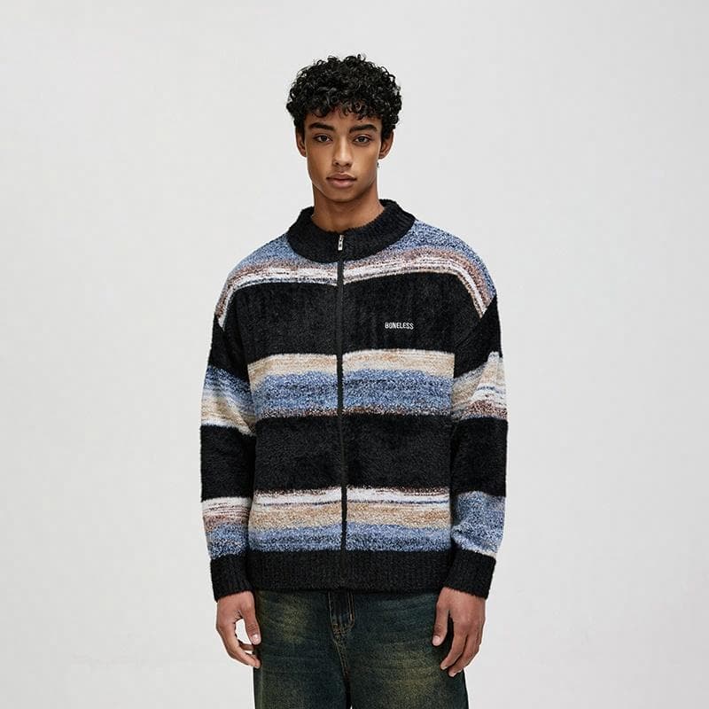 BONELESS Zip Cardigan Embroidered Loose Knit