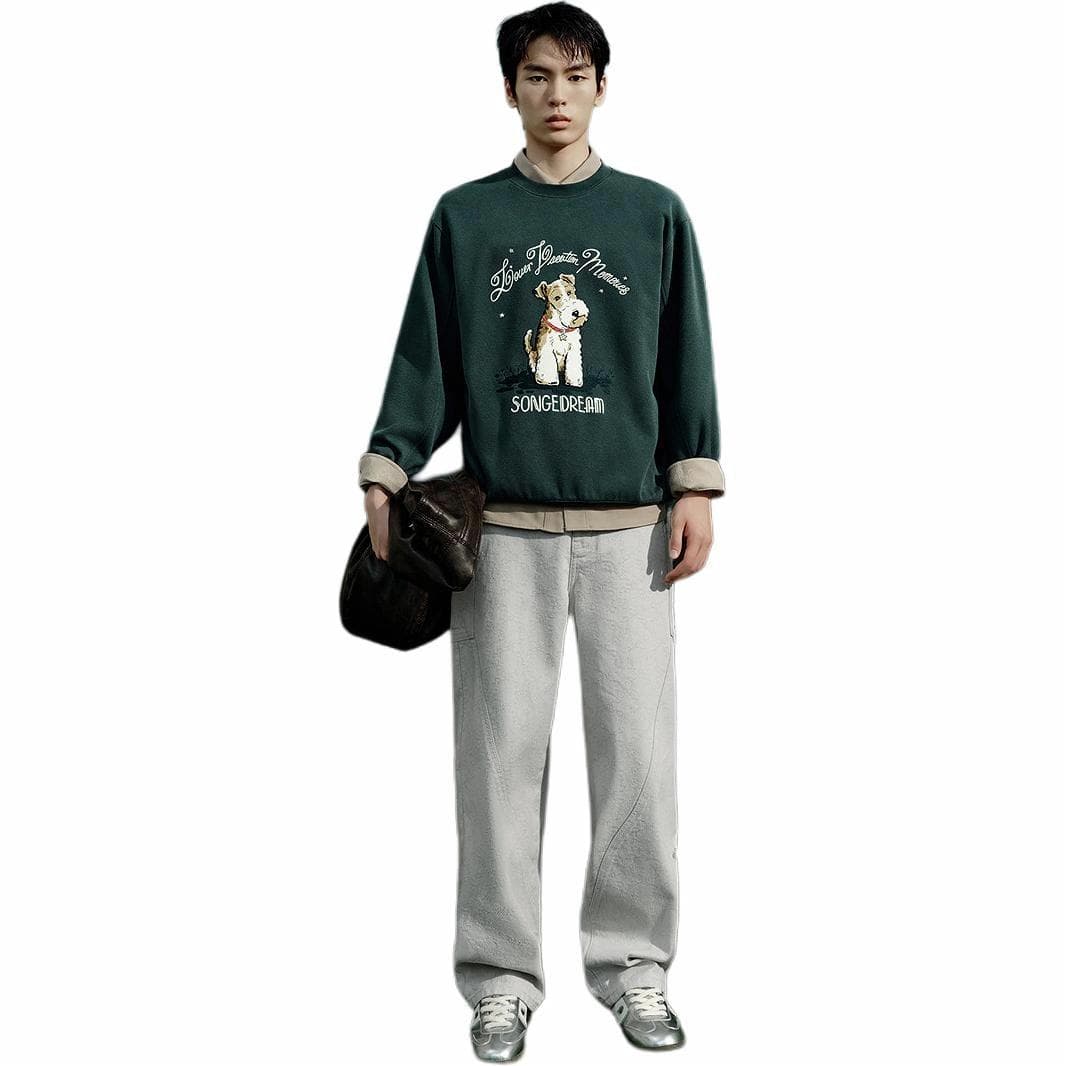 PEACEBIRD MEN Embroidered Crewneck Sweatshirt Dark Green
