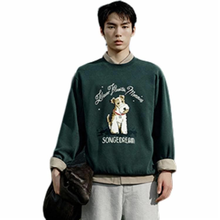 PEACEBIRD MEN Embroidered Crewneck Sweatshirt Dark Green