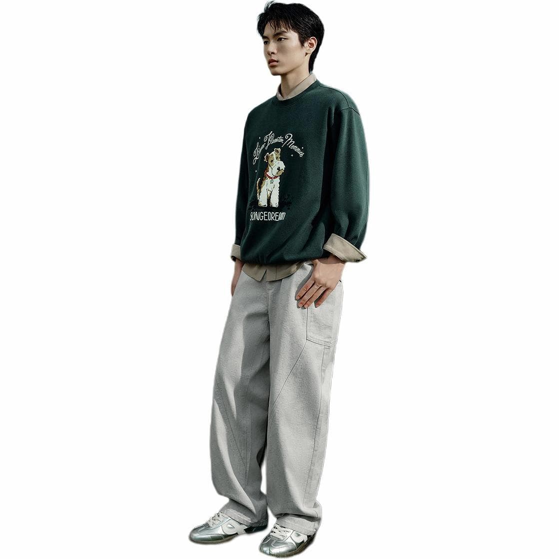 PEACEBIRD MEN Embroidered Crewneck Sweatshirt Dark Green