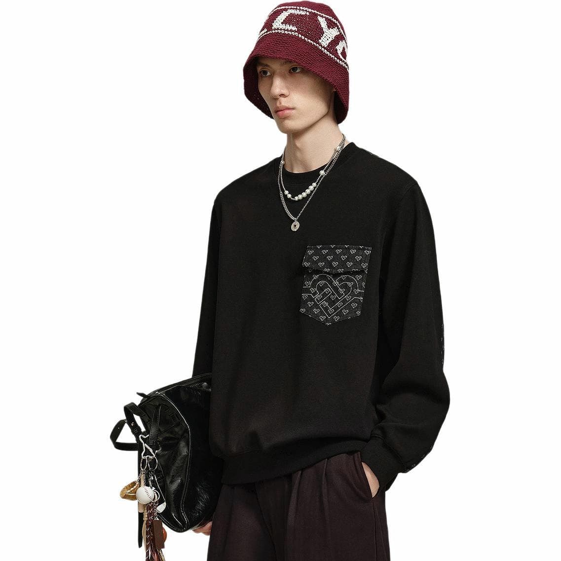 PEACEBIRD MEN Drawstring Crewneck Sweatshirt Black