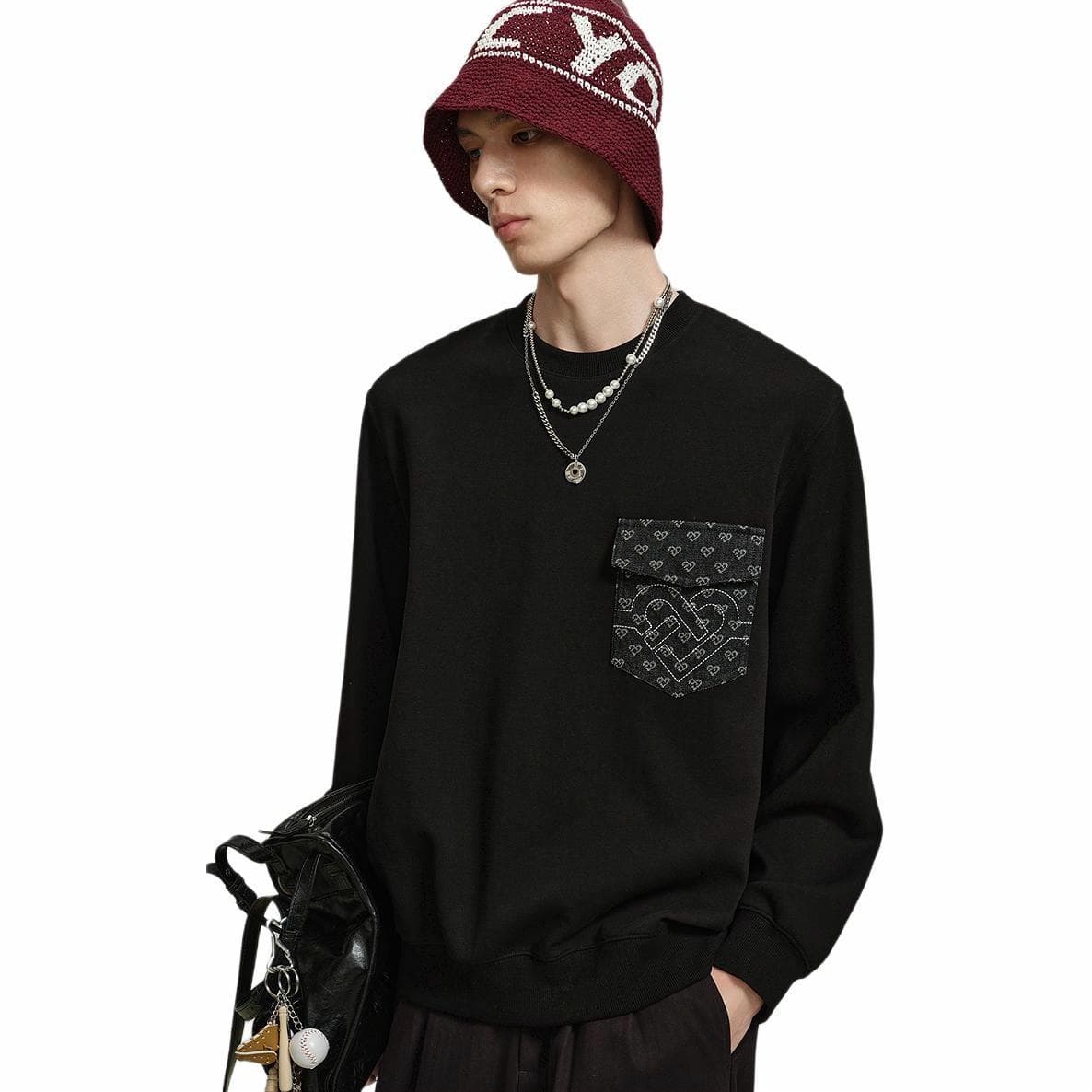 PEACEBIRD MEN Drawstring Crewneck Sweatshirt Black