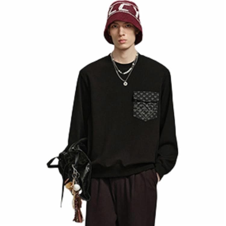 PEACEBIRD MEN Drawstring Crewneck Sweatshirt Black