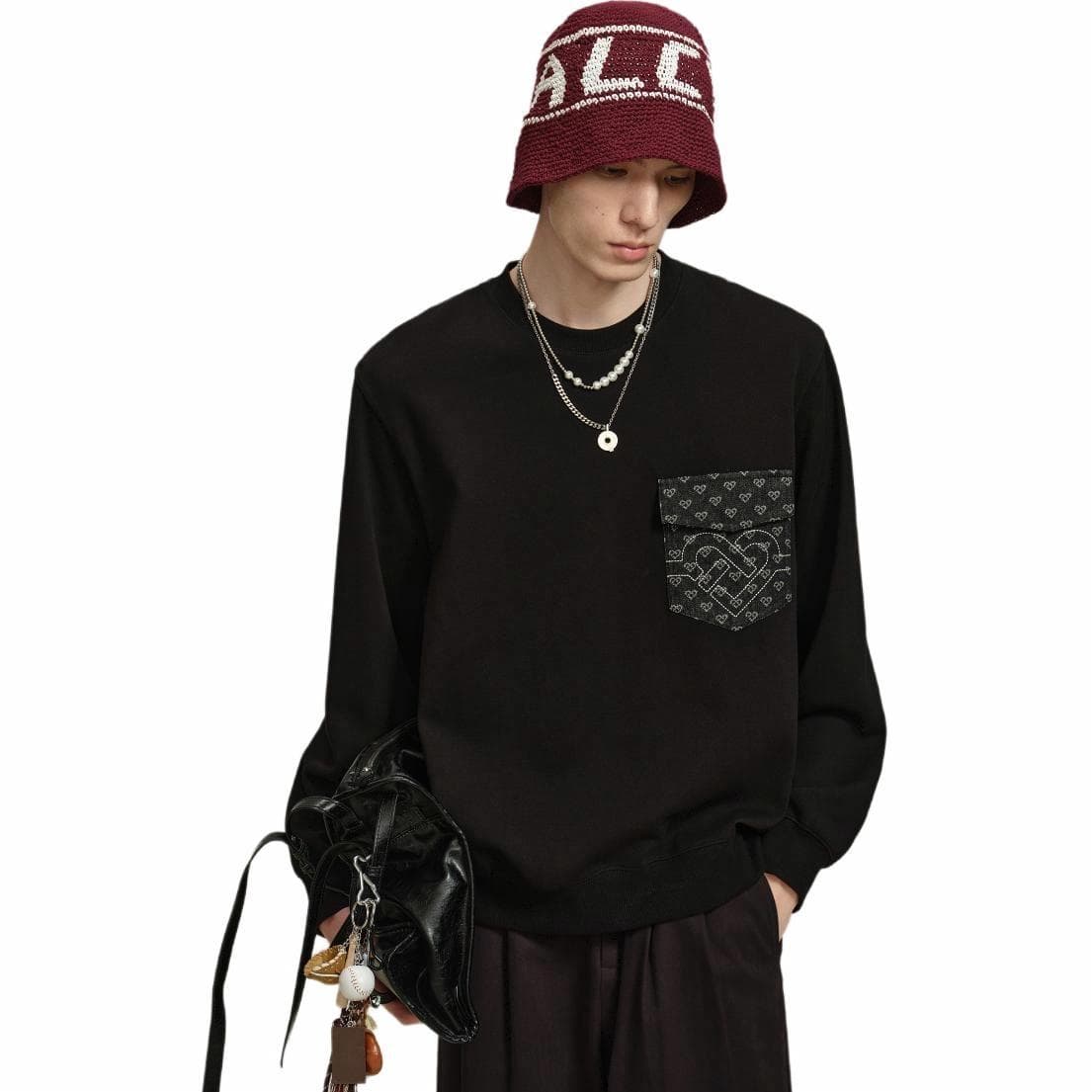 PEACEBIRD MEN Drawstring Crewneck Sweatshirt Black