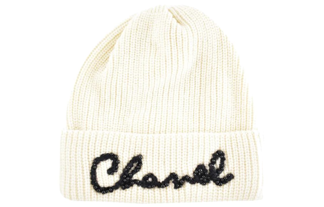 Chanel Beaded Logo Cashmere Hat White