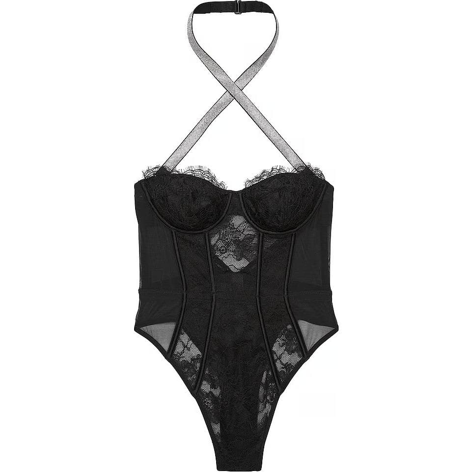 Victoria's Secret PINK Very Sexy Shine Strap Halter Lace Teddy Black