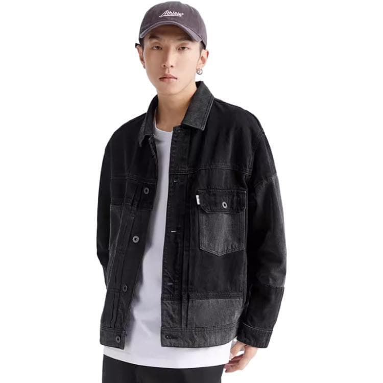 PEACEBIRD MEN Colorblock Denim Jacket Black