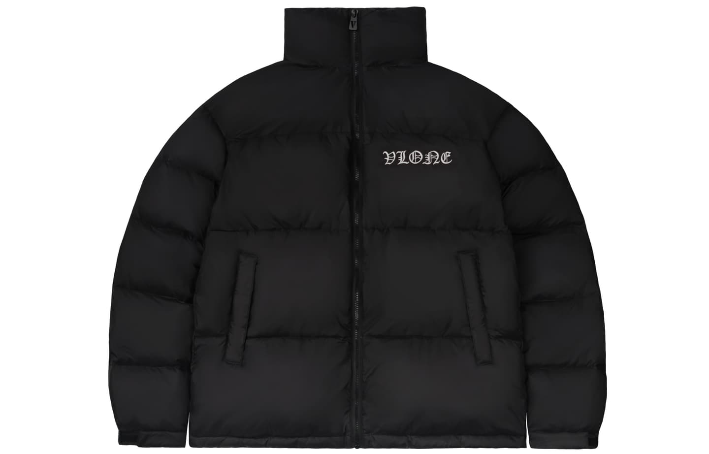 VLONE Slogan Logo Detachable Hood Puffer Jacket Black White