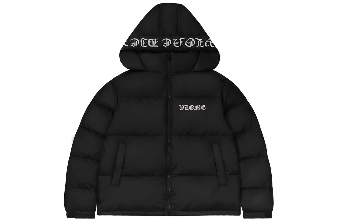 VLONE Slogan Logo Detachable Hood Puffer Jacket Black White