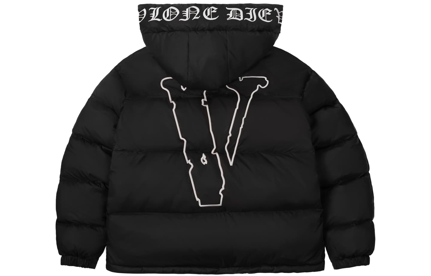 VLONE Slogan Logo Detachable Hood Puffer Jacket Black White