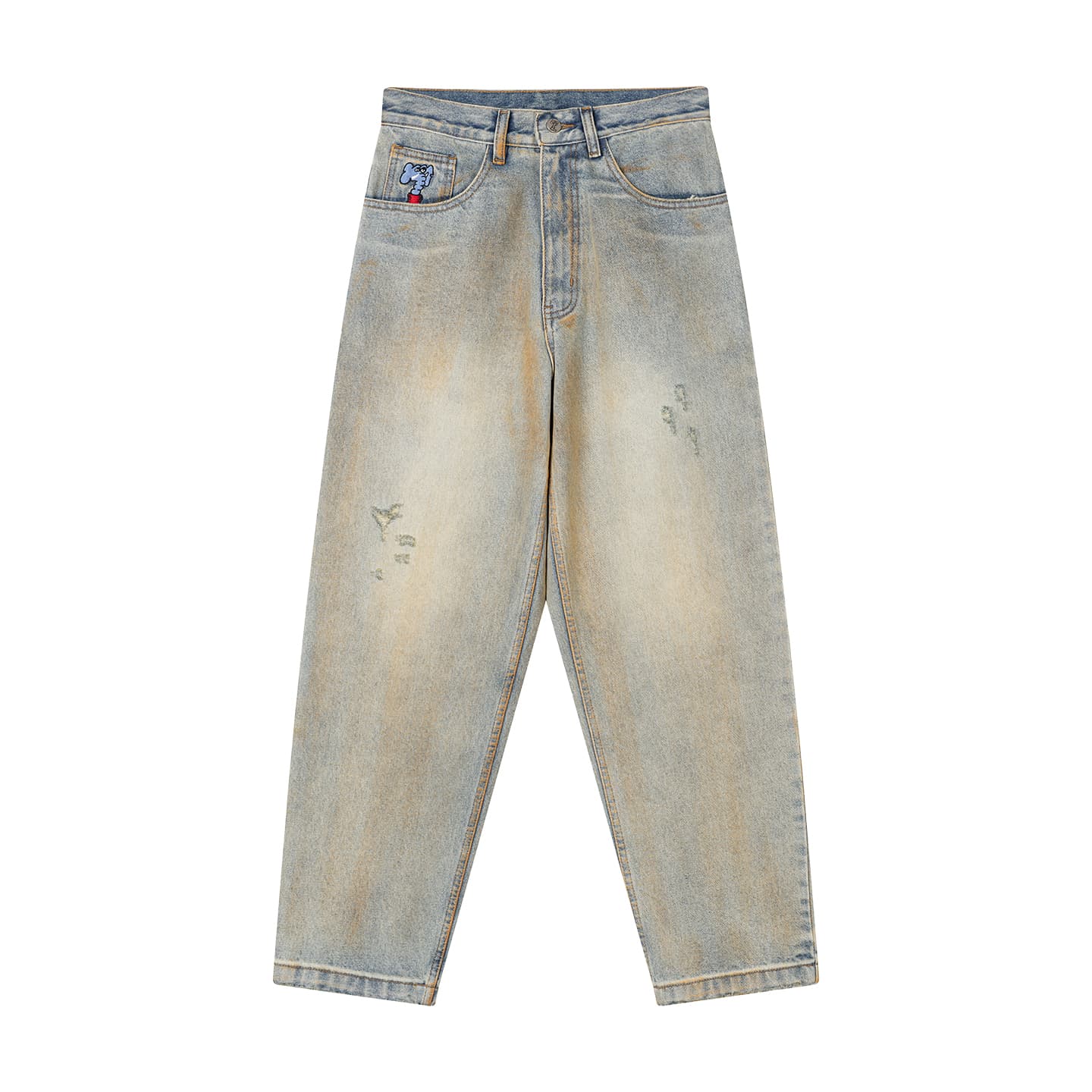 MIND ERROR Washed Elephant Embroidery Jeans