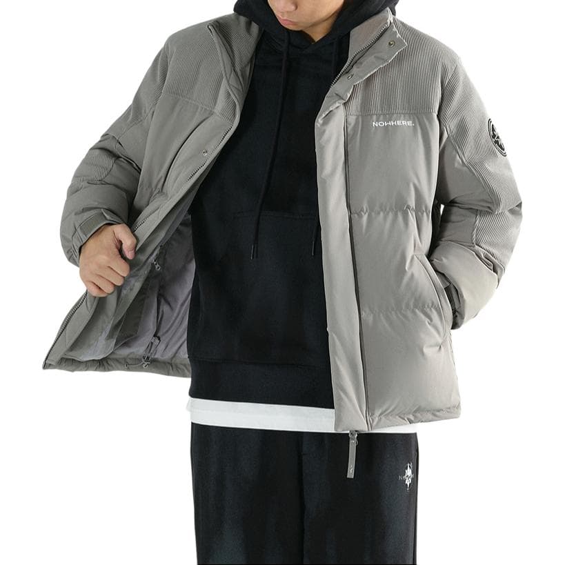 PEACEBIRD MEN Corduroy Patchwork Puffer Jacket Gray