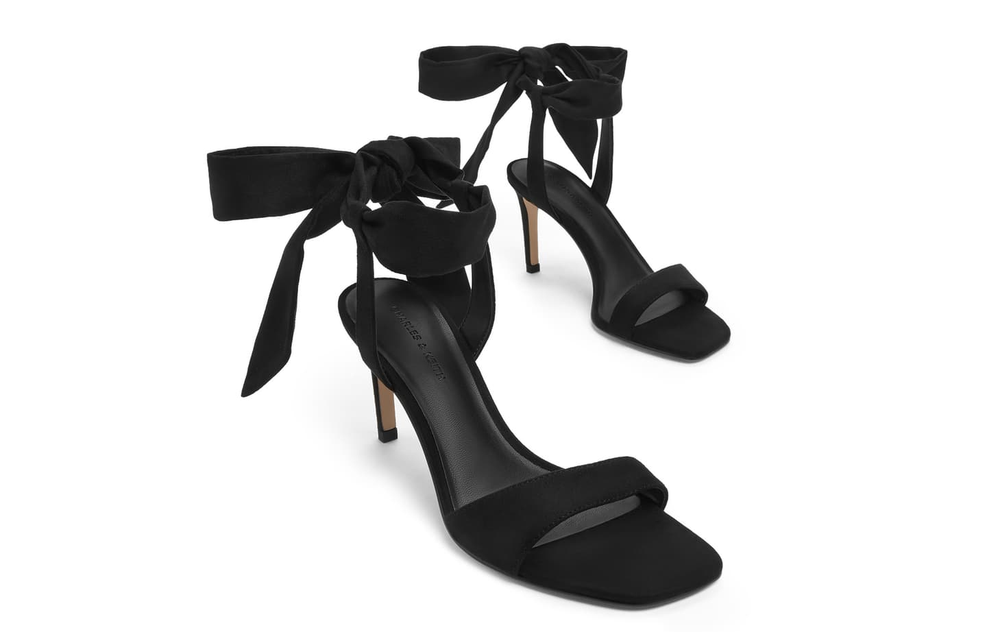 CHARLES&KEITH Satin Bow Tie Sandals 8cm Black Textured Pink