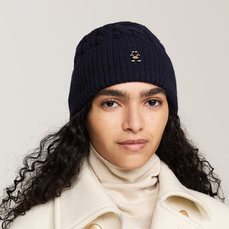 Tommy Hilfiger Wool Blend Cable Knit Beanie Navy
