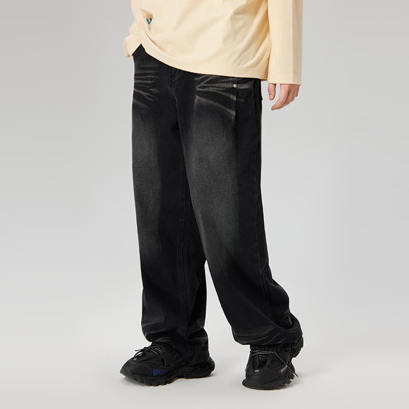 LAMLICKA Cat Whisker Washed Straight Jeans Black