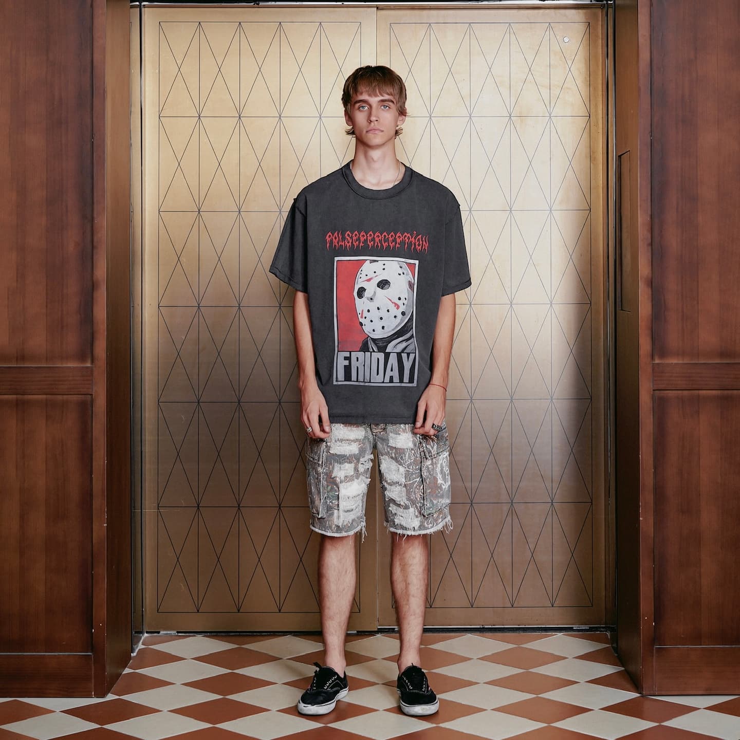 False Perception Mask Print Distressed T-Shirt