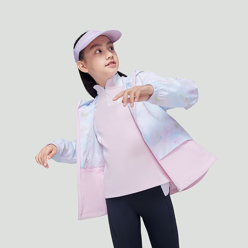 安踏儿童 撞色拼接长袖连帽休闲夹克外套 儿童款 纯净白/暖居粉