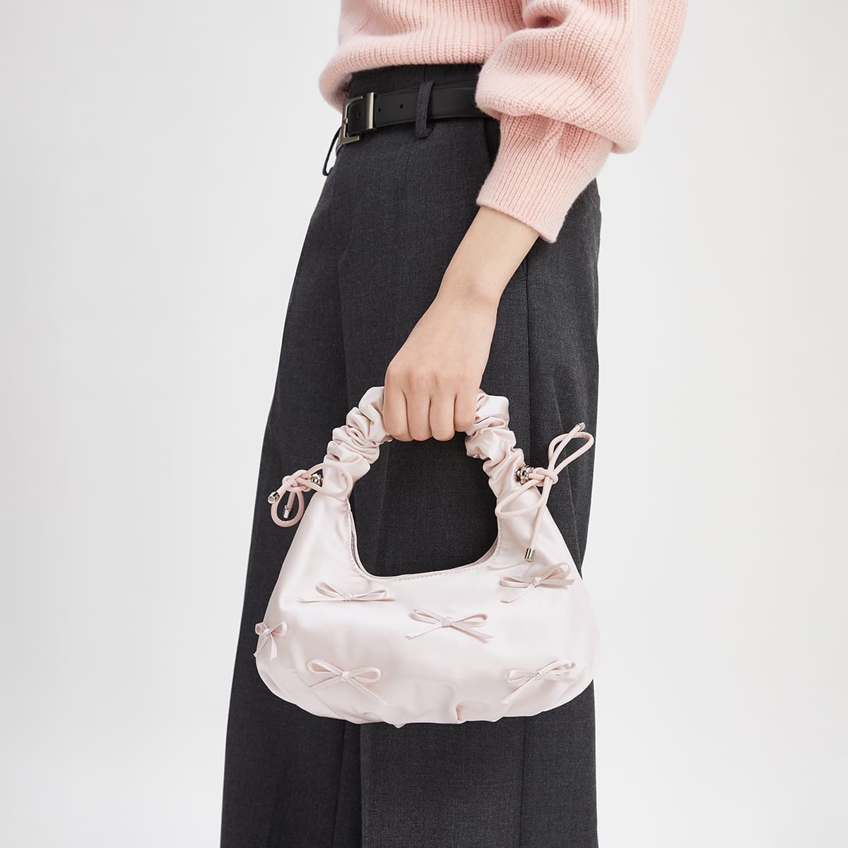 CHARLES&KEITH Bear Charm Bow Pleated Bag Baby Pink