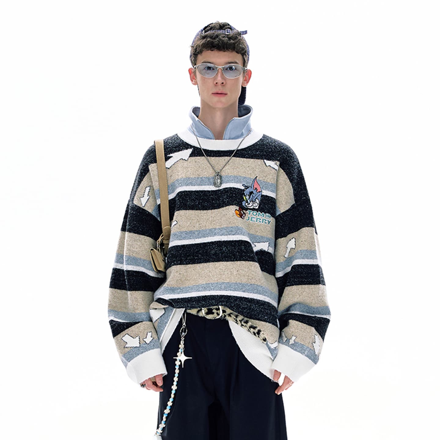 BJHG x Tom and Jerry Retro Striped Embroidered Sweater