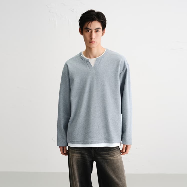 PEACEBIRD MEN Henry Collar Long Sleeve T-Shirt