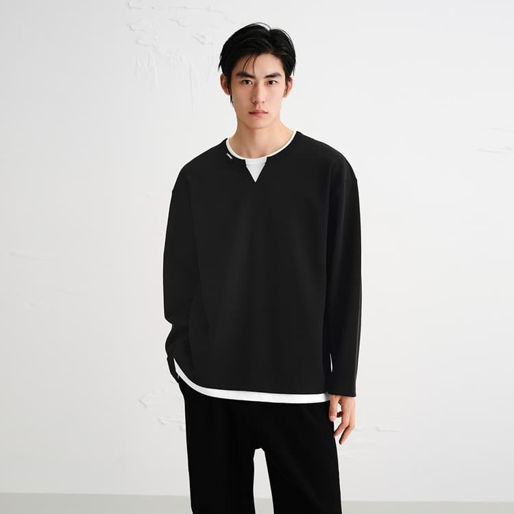 PEACEBIRD MEN Henry Collar Long Sleeve T-Shirt