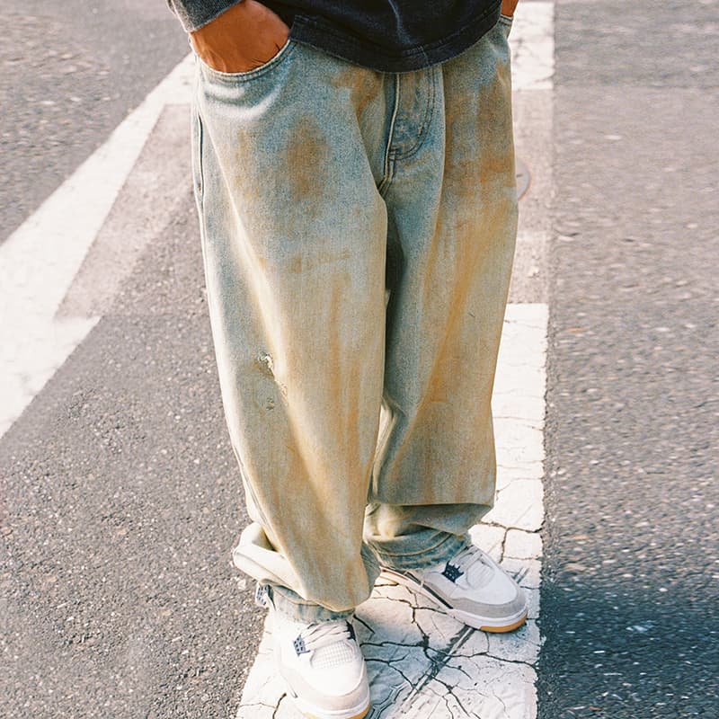 MIND ERROR Washed Elephant Embroidery Jeans