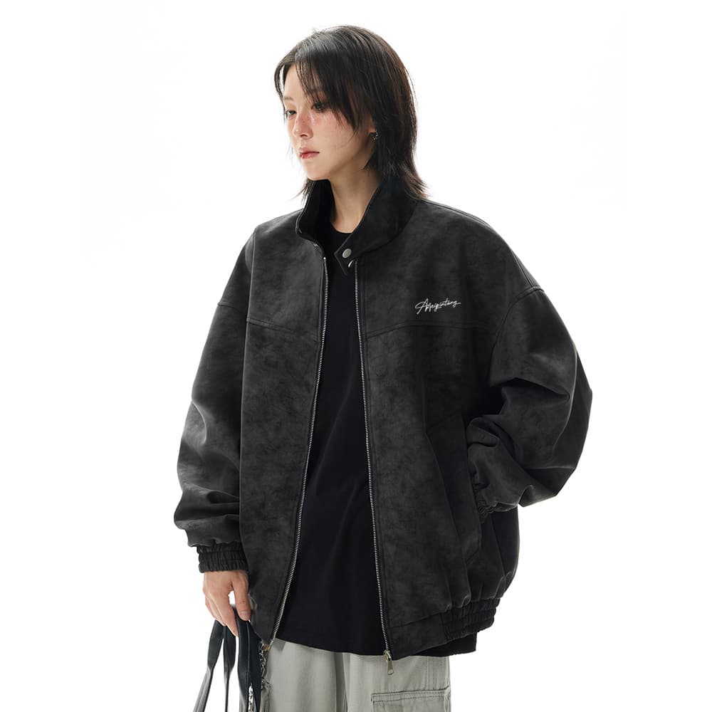 MEIPIN TANG Retro Logo Leather Jacket