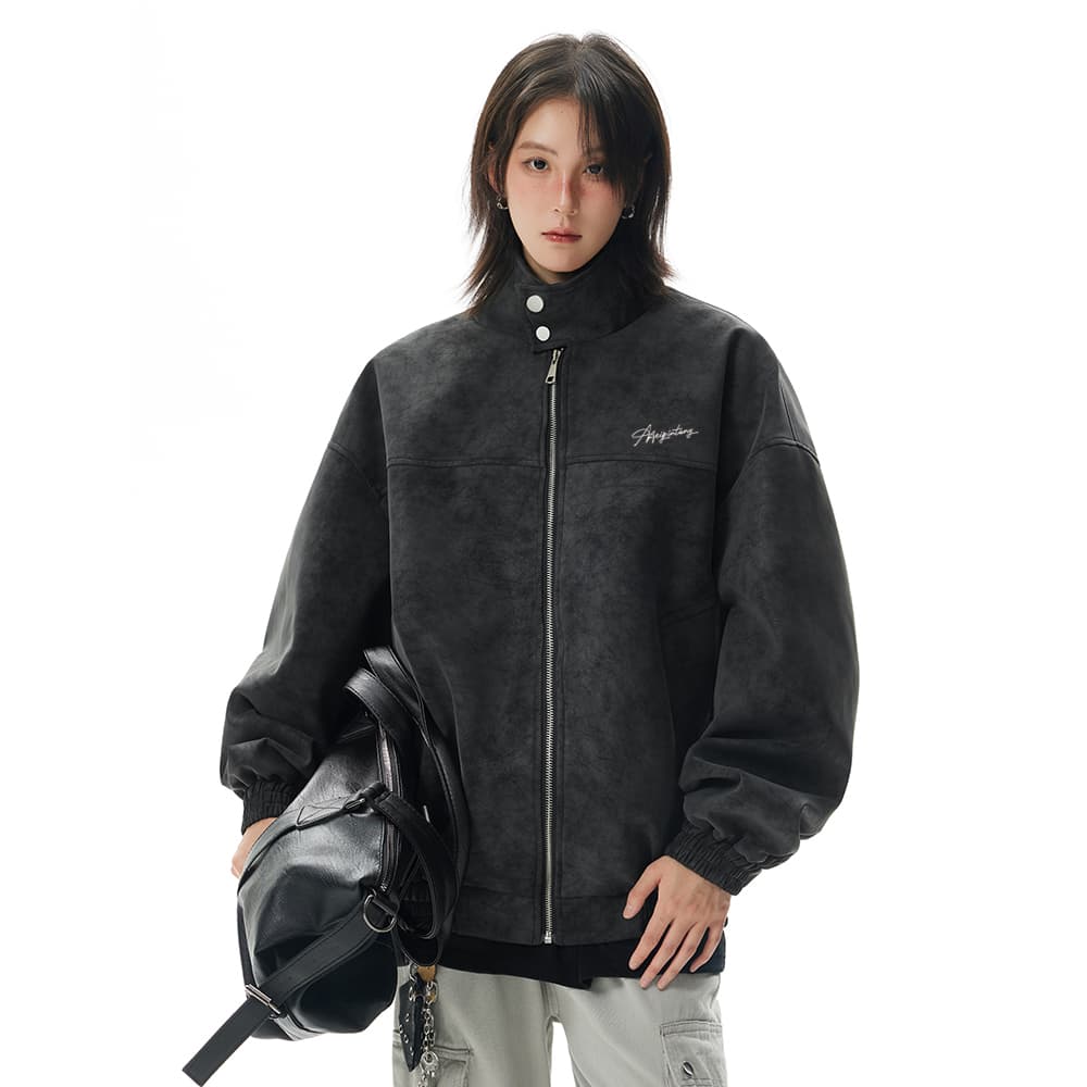 MEIPIN TANG Retro Logo Leather Jacket