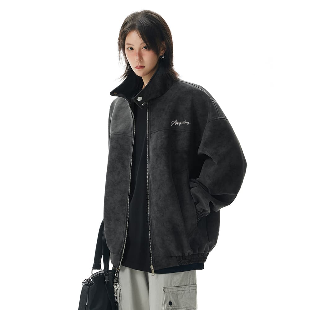 MEIPIN TANG Retro Logo Leather Jacket