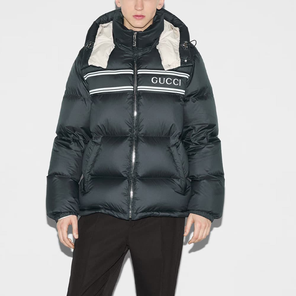 GUCCI FW24 Striped Print Detachable Hood Down Jacket Navy Blue